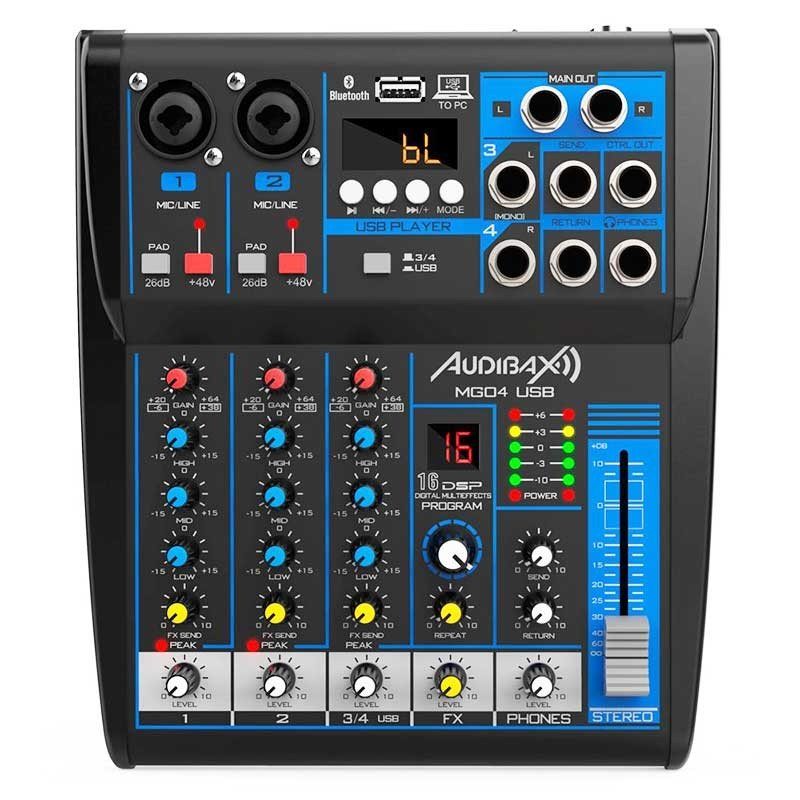 Audibax MG04 USB - Mesa Mezclas con 4 canales Bluetooth, MP3 , USB Rec y Efectos - Tempo Shop