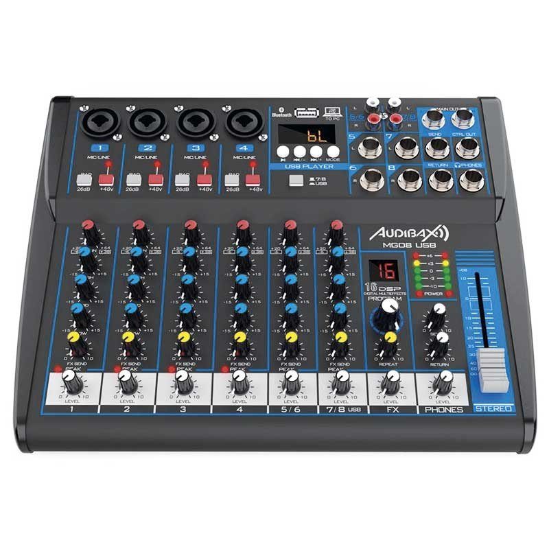 Audibax MG08 USB - Mesa Mezclas 8 canales con Bluetooth, MP3 , USB Rec y Efectos - Tempo Shop