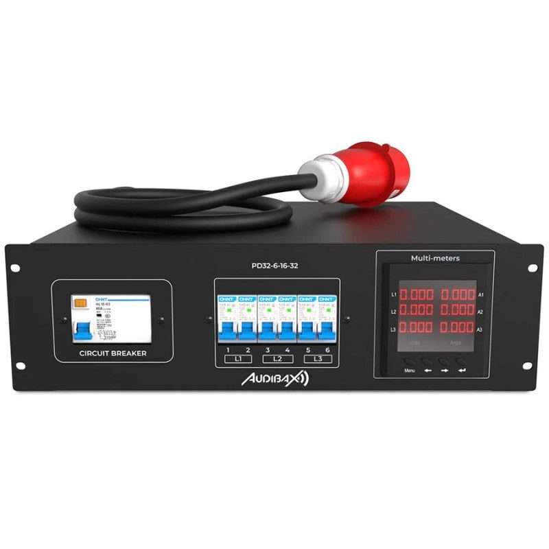 Audibax PD32-6-16-32 - Distribuidor de corriente trifásica en rack con 6 salidas Schuko y Link CEE 32A - Tempo Shop