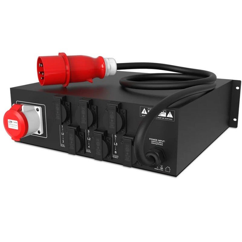 Audibax PD32-6-16-32 - Distribuidor de corriente trifásica en rack con 6 salidas Schuko y Link CEE 32A - Tempo Shop