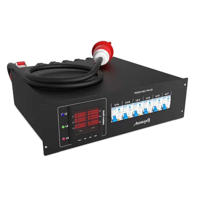Audibax PD32D-6SC-PW-32 - Distribuidor de Alimentación Profesional de 13 Salidas (Schuko, PowerCON y Link) para Rack 3U - Tem