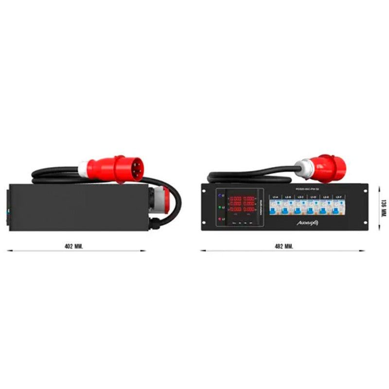 Audibax PD32D-6SC-PW-32 - Distribuidor de Alimentación Profesional de 13 Salidas (Schuko, PowerCON y Link) para Rack 3U - Tem