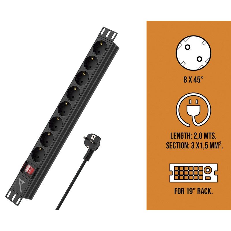 Audibax PSR8-PwC - Regleta Profesional de 8 Tomas Schuko para Rack 19" 1U con Power Twist