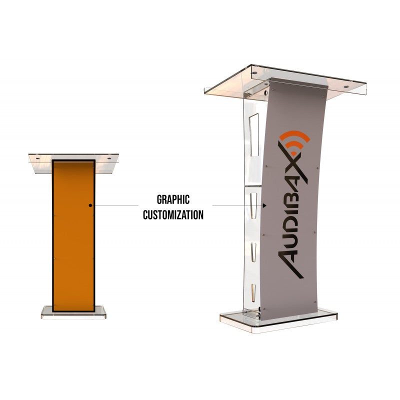 Audibax SPT1057 - Atril transparente de metacrilato con 2 orificios para micrófonos y panel personalizable - Tempo Shop