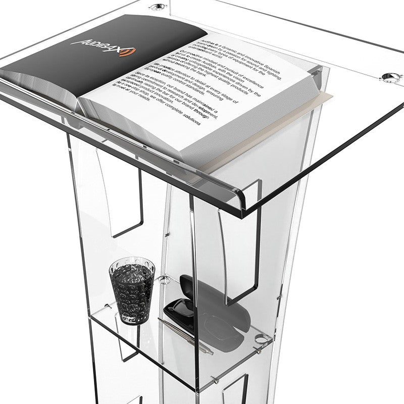 Audibax SPT1057 - Atril transparente de metacrilato con 2 orificios para micrófonos y panel personalizable - Tempo Shop