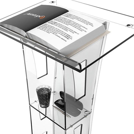 Audibax SPT1057 - Atril transparente de metacrilato con 2 orificios para micrófonos y panel personalizable - Tempo Shop