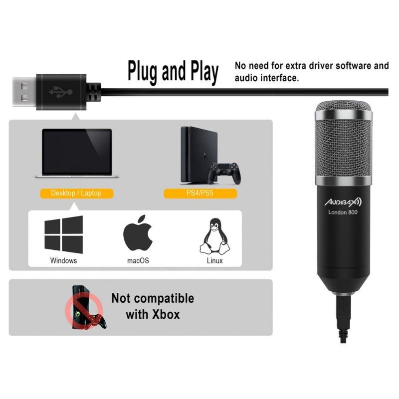 Audibax London 800 USB Silver - Pack Micrófono USB Pack para Podcast / Grabación / Gamers - Tempo Shop