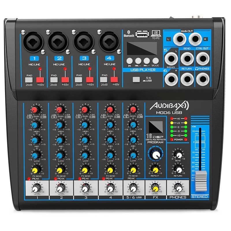 Audibax MG06 USB - Mesa Mezclas 6 canales con Bluetooth, MP3 ,USB Rec y Efectos - Tempo Shop