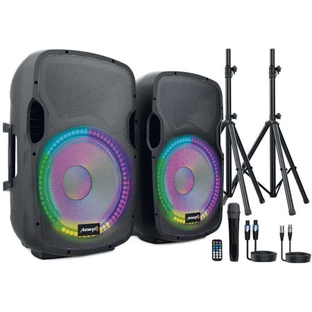 Audibax Party 215 Led Set 2 - Altavoces 15" PRO 1200W Pico + Soportes + Cableado + Micrófono - Tempo Shop
