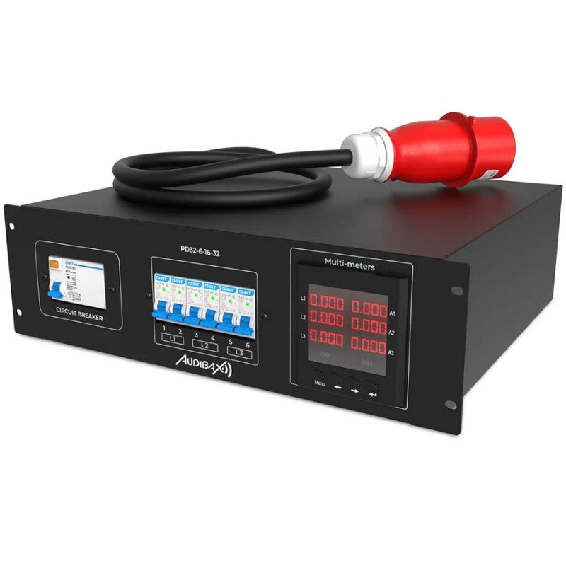Audibax PD32-6-16-32 - Distribuidor de corriente trifásica en rack con 6 salidas Schuko y Link CEE 32A