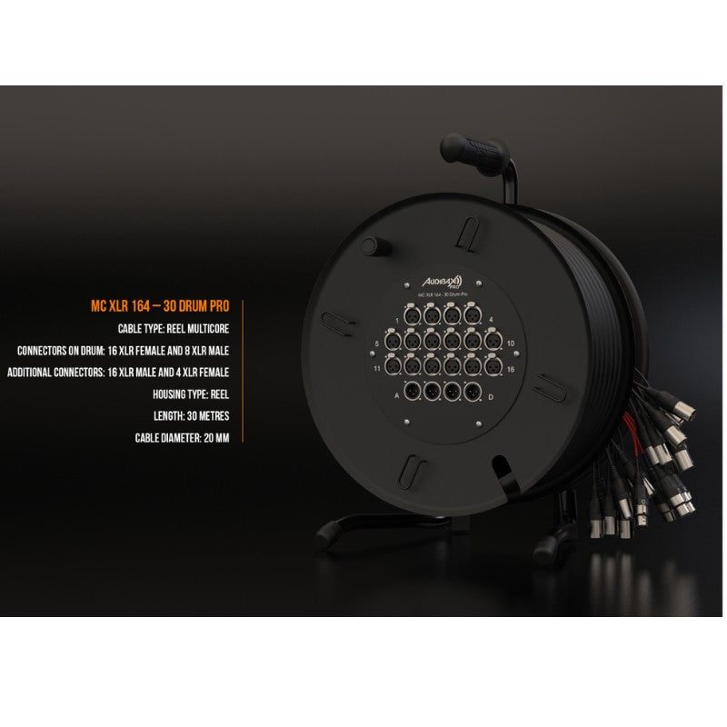 Audibax Pro MC XLR 164-30 Drum Pro - Reel multicore de 30 m con carrete, 16 entradas XLR y fan-out 16M+4H - Tempo Shop