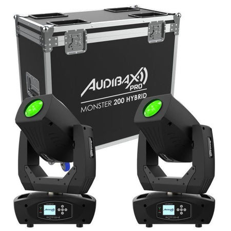Audibax Pro Monster 200 Hybrid 2U + Flightcase — Pack de 2 cabezas móviles híbridas LED 200 W con flightcase doble - Tempo Sh