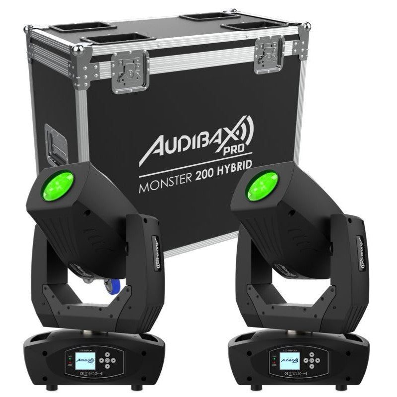 Audibax Pro Monster 200 Hybrid 2U + Flightcase — Pack de 2 cabezas móviles híbridas LED 200 W con flightcase doble - Tempo Sh