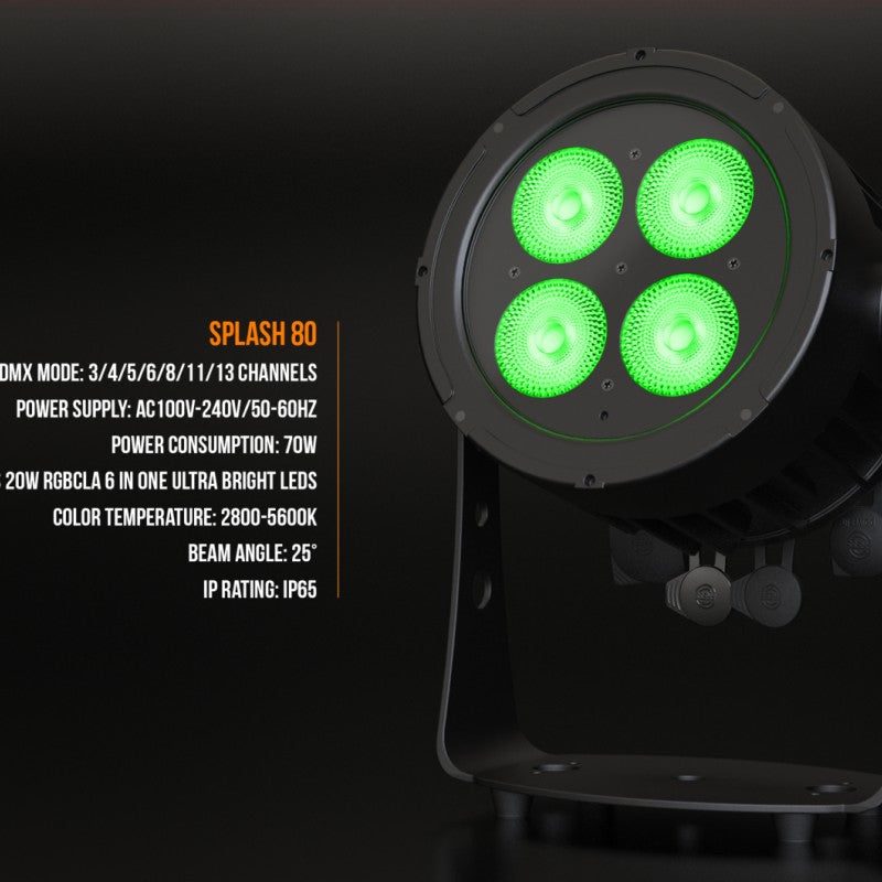 Audibax Pro Splash 80 - Foco PAR LED 80 W RGBALC 6-en-1 IP65, 25° de serie, RDM/DMX y funcionamiento sin ventilador - Tempo S