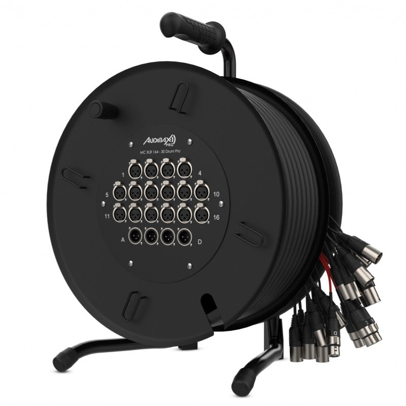 Audibax Pro MC XLR 164-30 Drum Pro - Reel multicore de 30 m con carrete, 16 entradas XLR y fan-out 16M+4H