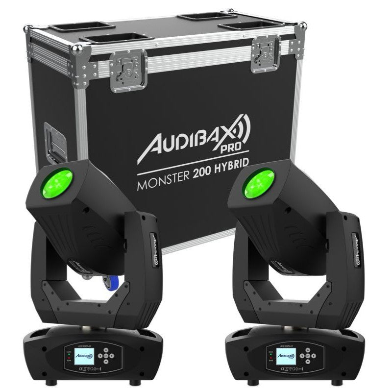 Audibax Pro Monster 200 Hybrid 2U + Flightcase — Pack de 2 cabezas móviles híbridas LED 200 W con flightcase doble