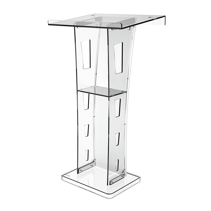 Audibax SPT1057 - Atril transparente de metacrilato con 2 orificios para micrófonos y panel personalizable