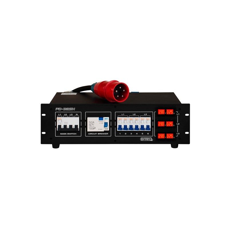 Briteq PD-32SH - Distribuidor de corriente trifásico 32A en formato Rack 19" con salidas Schuko europeo, Harting y Socapex -