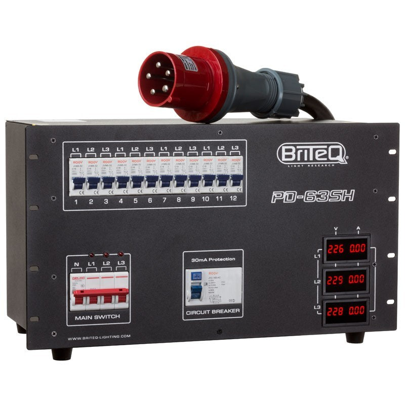 Briteq PD-63SH/GERMAN - Distribuidor de corriente trifásico 63A con salidas Socapex, Harting y Schuko