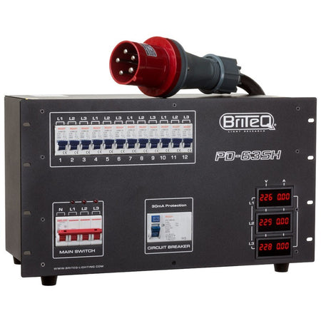Briteq PD-63SH/GERMAN - Distribuidor de corriente trifásico 63A con salidas Socapex, Harting y Schuko