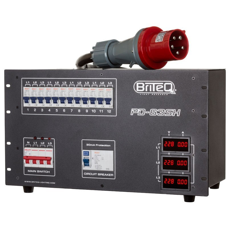 Briteq PD-63SH/GERMAN - Distribuidor de corriente trifásico 63A con salidas Socapex, Harting y Schuko