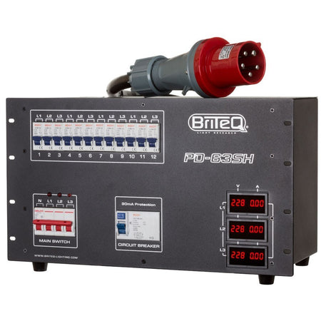 Briteq PD-63SH/GERMAN - Distribuidor de corriente trifásico 63A con salidas Socapex, Harting y Schuko