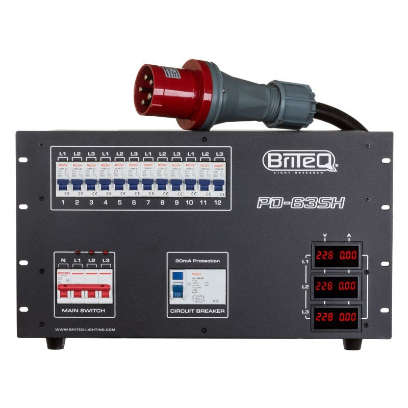 Briteq PD-63SH/GERMAN - Distribuidor de corriente trifásico 63A con salidas Socapex, Harting y Schuko