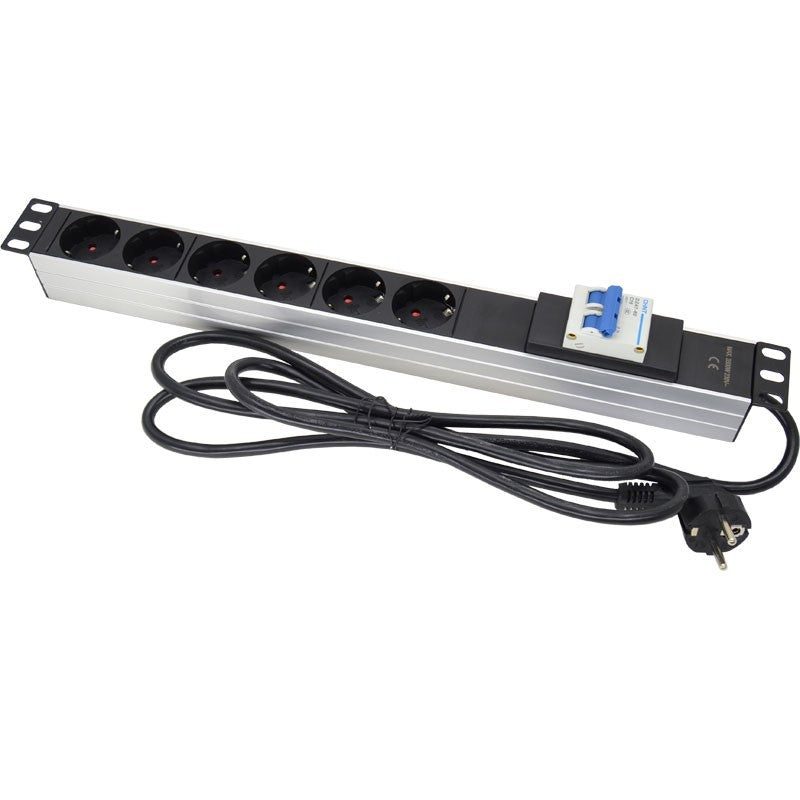 FactorRACK Base de Enchufes para Rack 19" con 6 Tomas Schuko y Magnetotérmico de 16A