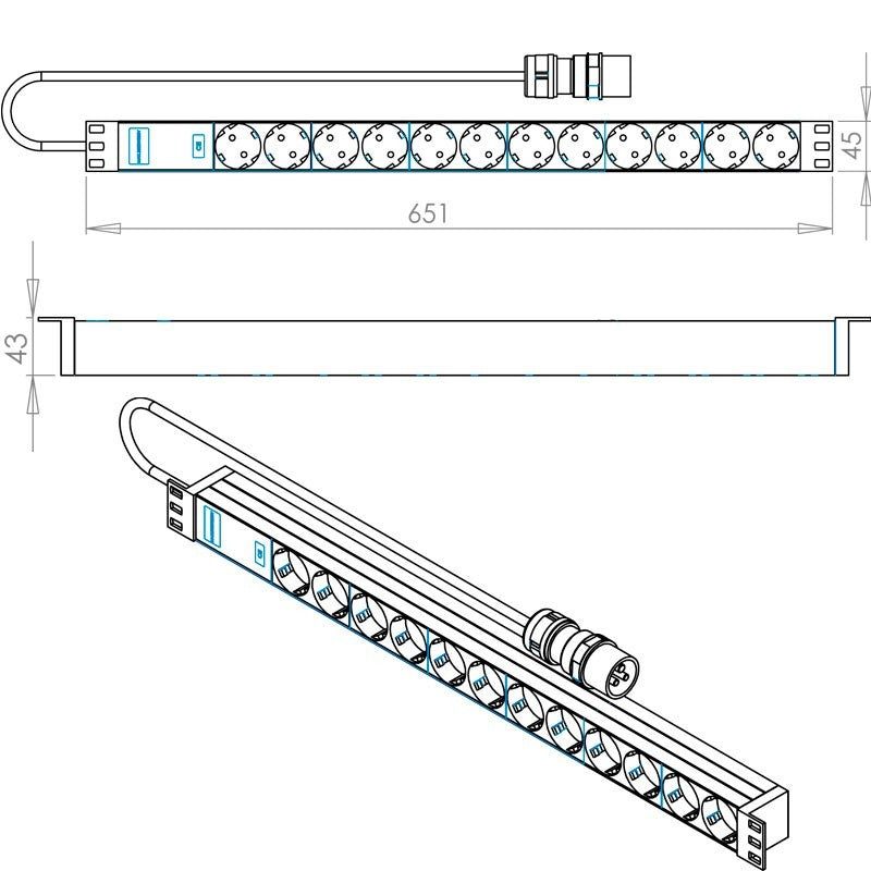 FactorRACK PDU-12S-CEE - Base de 12 Enchufes Schuko sin Interruptor con CEE 16A
