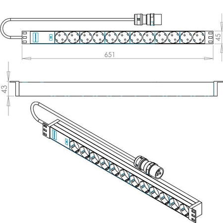 FactorRACK PDU-12S-CEE - Base de 12 Enchufes Schuko sin Interruptor con CEE 16A