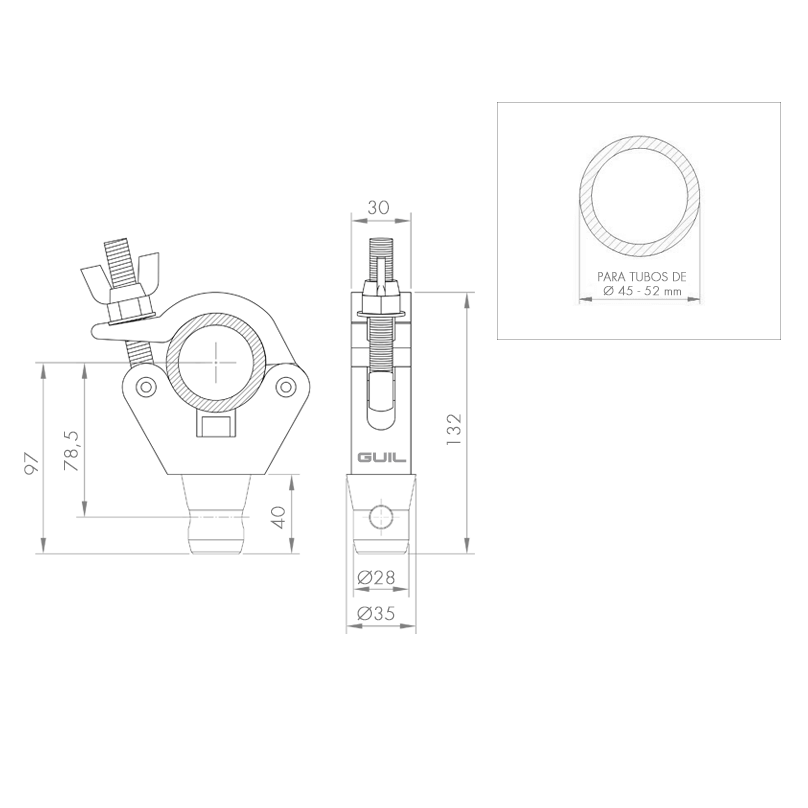 GUIL ABZ-17/N - Abrazadera con adaptador cónico para truss. Tubos de Ø 45-52 mm. WLL: 300 kg - Tempo Shop
