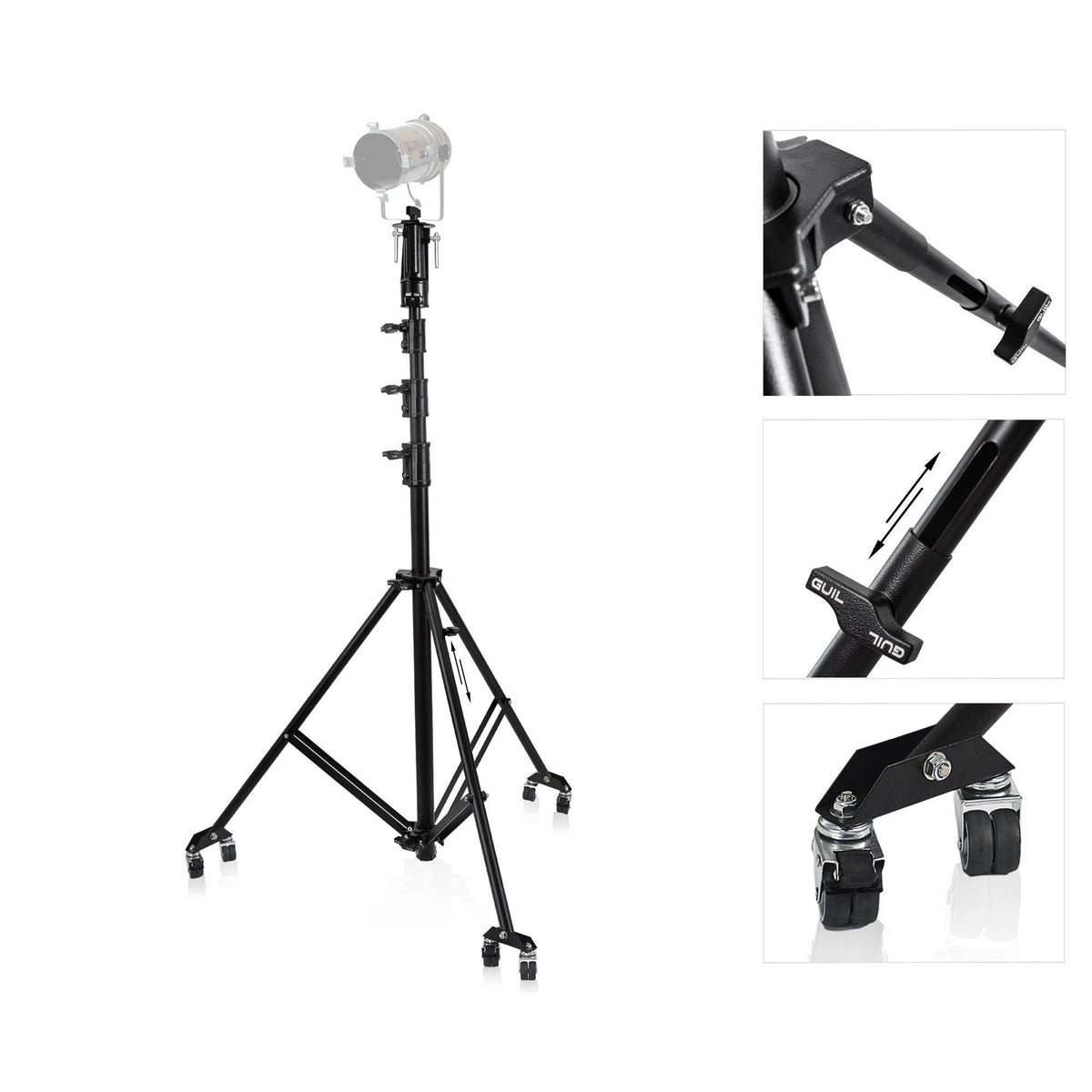 GUIL FC-06/R - Torre de iluminación manual reforzada. Altura máx: 4,18 m. 1 Pata regulable. Incluye ruedas - Tempo Shop