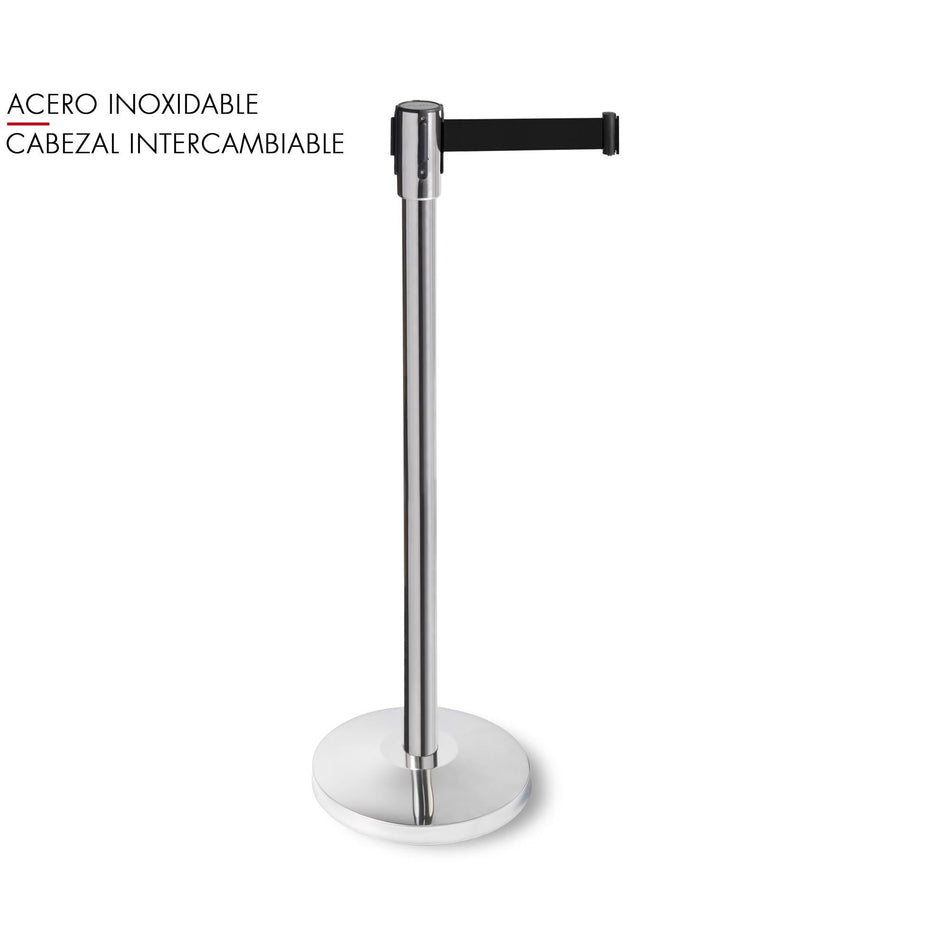 GUIL PST-12/N - Poste separador INOX con cinta retráctil negra de 3 m. Cabezal intercambiable - Tempo Shop
