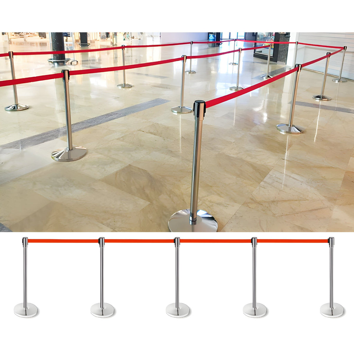 GUIL PST-12 - Poste separador INOX con cinta retráctil roja de 3 m. Cabezal intercambiable - Tempo Shop