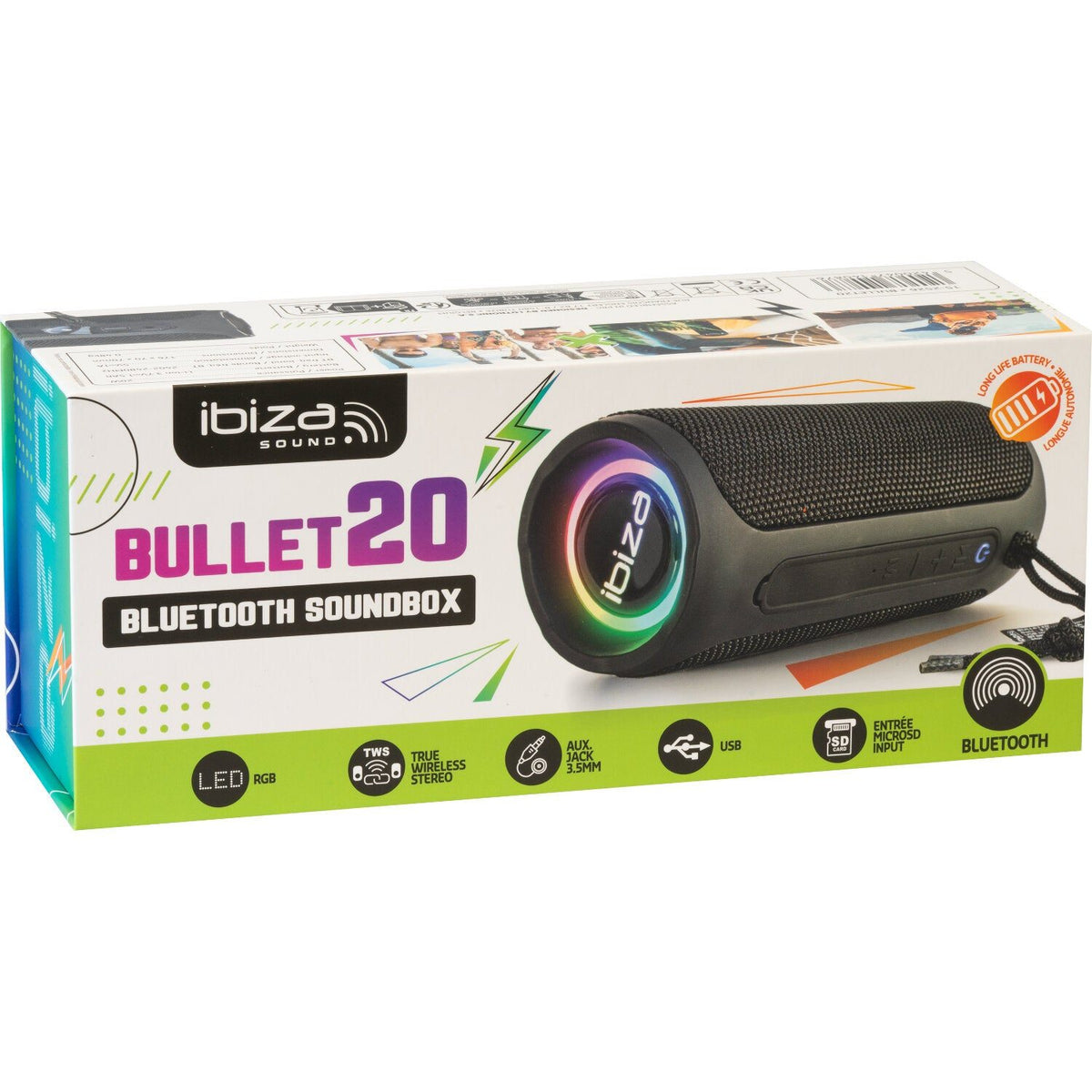 Ibiza Light & Sound BULLET20 - Altavoz Bluetooth iluminado con USB y Micro-SD 20 W - Tempo Shop