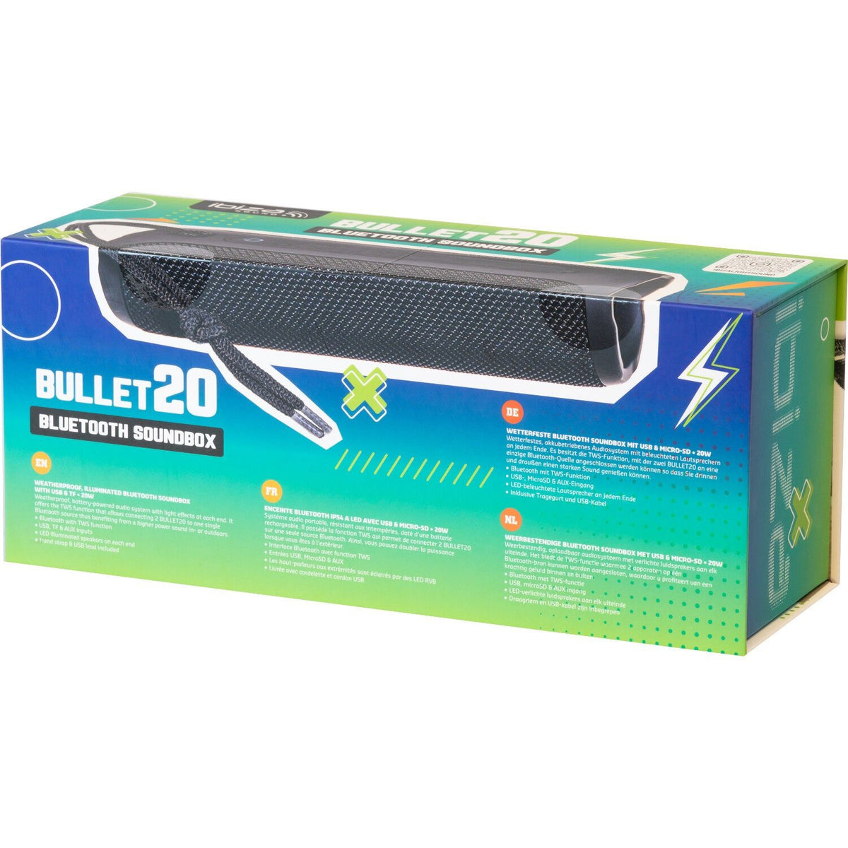 Ibiza Light & Sound BULLET20 - Altavoz Bluetooth iluminado con USB y Micro-SD 20 W - Tempo Shop