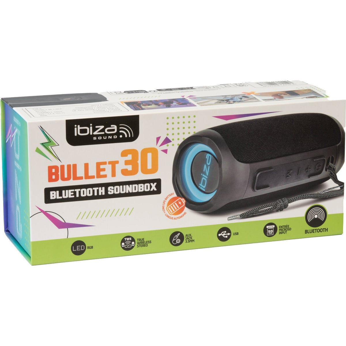 Ibiza Light & Sound BULLET30 - Altavoz Bluetooth iluminado con USB y Micro-SD 30W - Tempo Shop
