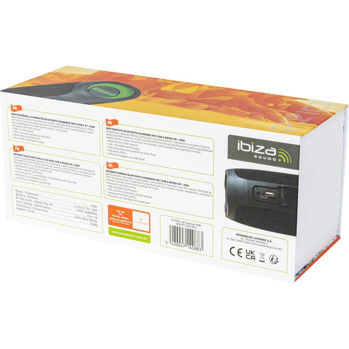 Ibiza Light & Sound BULLET30 - Altavoz Bluetooth iluminado con USB y Micro-SD 30W - Tempo Shop