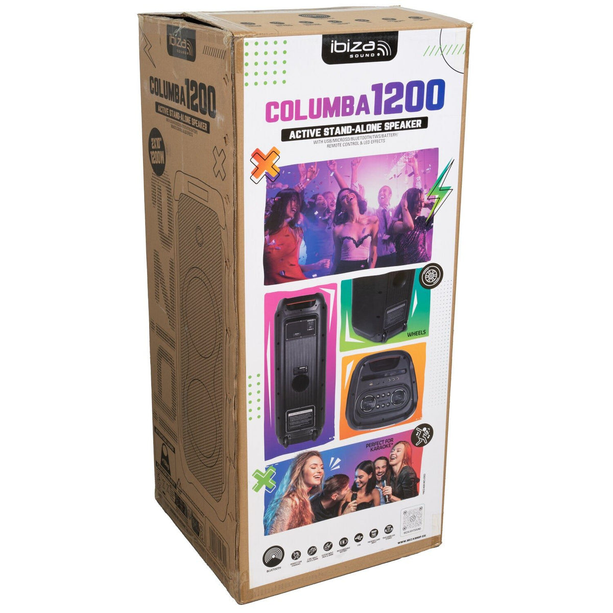 Ibiza Light & Sound COLUMBA1200 – Altavoz Bluetooth activo autónomo de LED 2 x 10"/25 cm – 1200 W - Tempo Shop