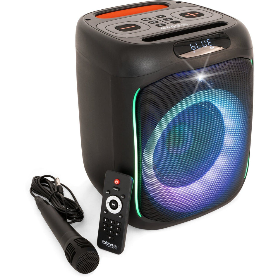 Ibiza Light & Sound CUBE180 – Altavoz portátil autónomo 6,5”/16 cm 180 W con Bluetooth, USB, microSD, FM, TWS, micrófono cabl