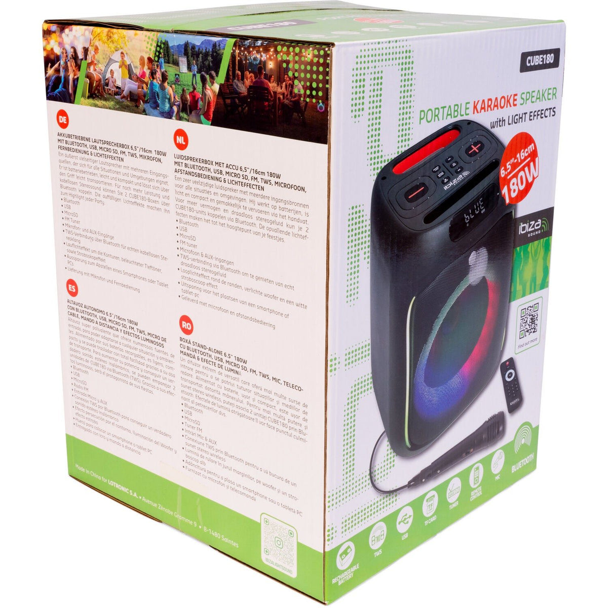 Ibiza Light & Sound CUBE180 – Altavoz portátil autónomo 6,5”/16 cm 180 W con Bluetooth, USB, microSD, FM, TWS, micrófono cabl