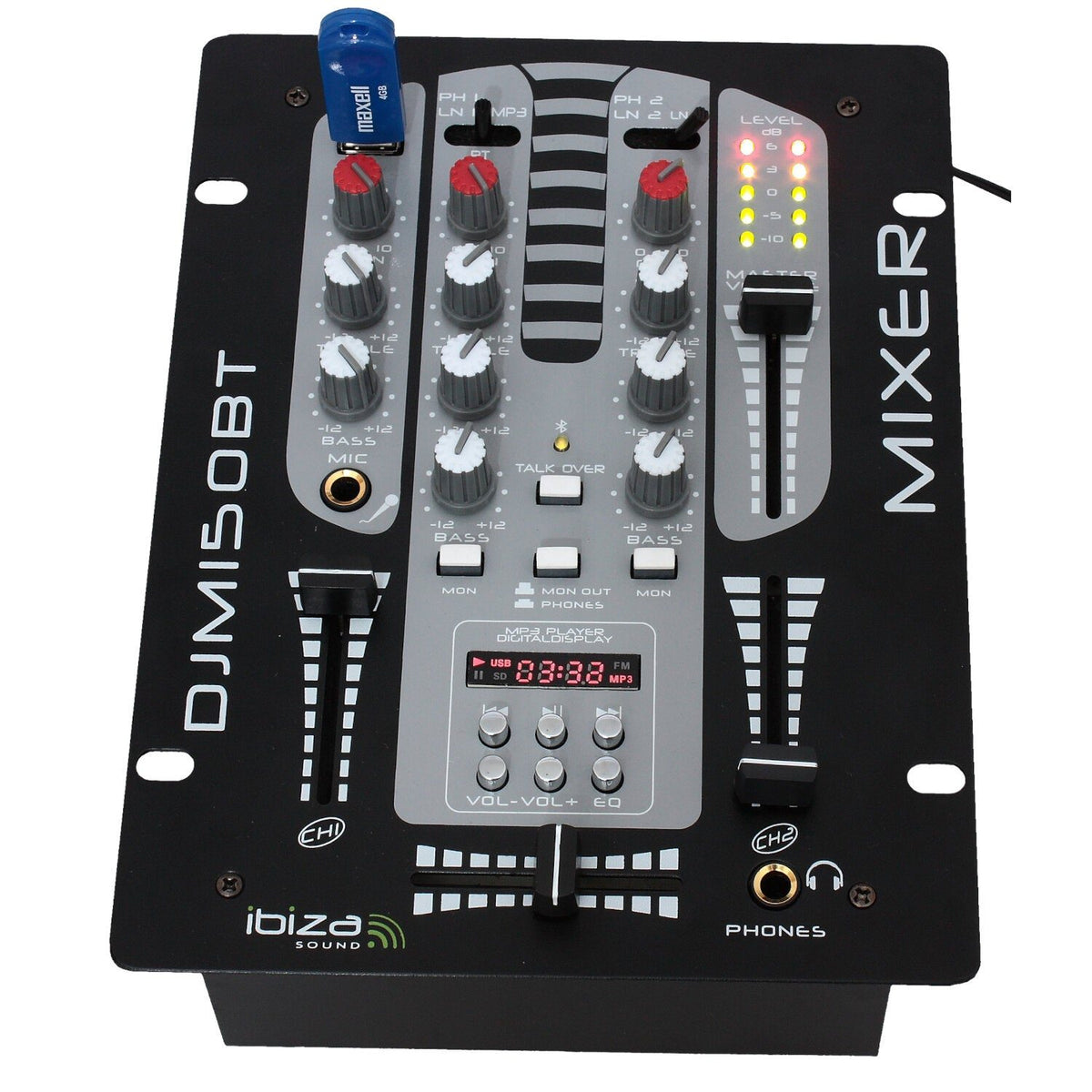 Ibiza Light & Sound DJM150USB-BT - Mesa de mezclas DJ 2 canales / 5 entradas USB-MP3 + display digital + Bluetooth - Tempo Sh