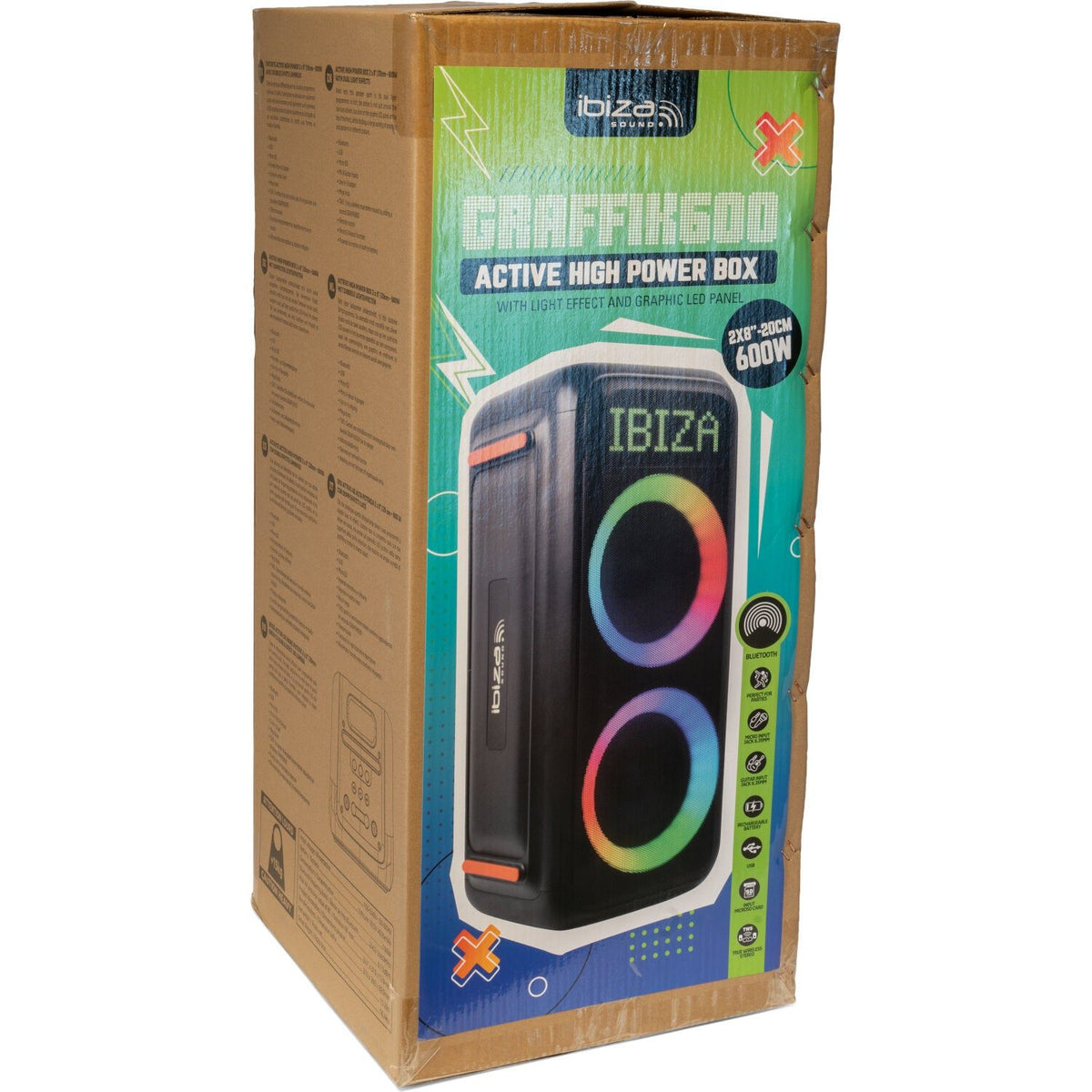 Ibiza Light & Sound GRAFFIK600 – Altavoz activo High Power 2×8″/20 cm – 600 W con doble efecto luminoso - Tempo Shop