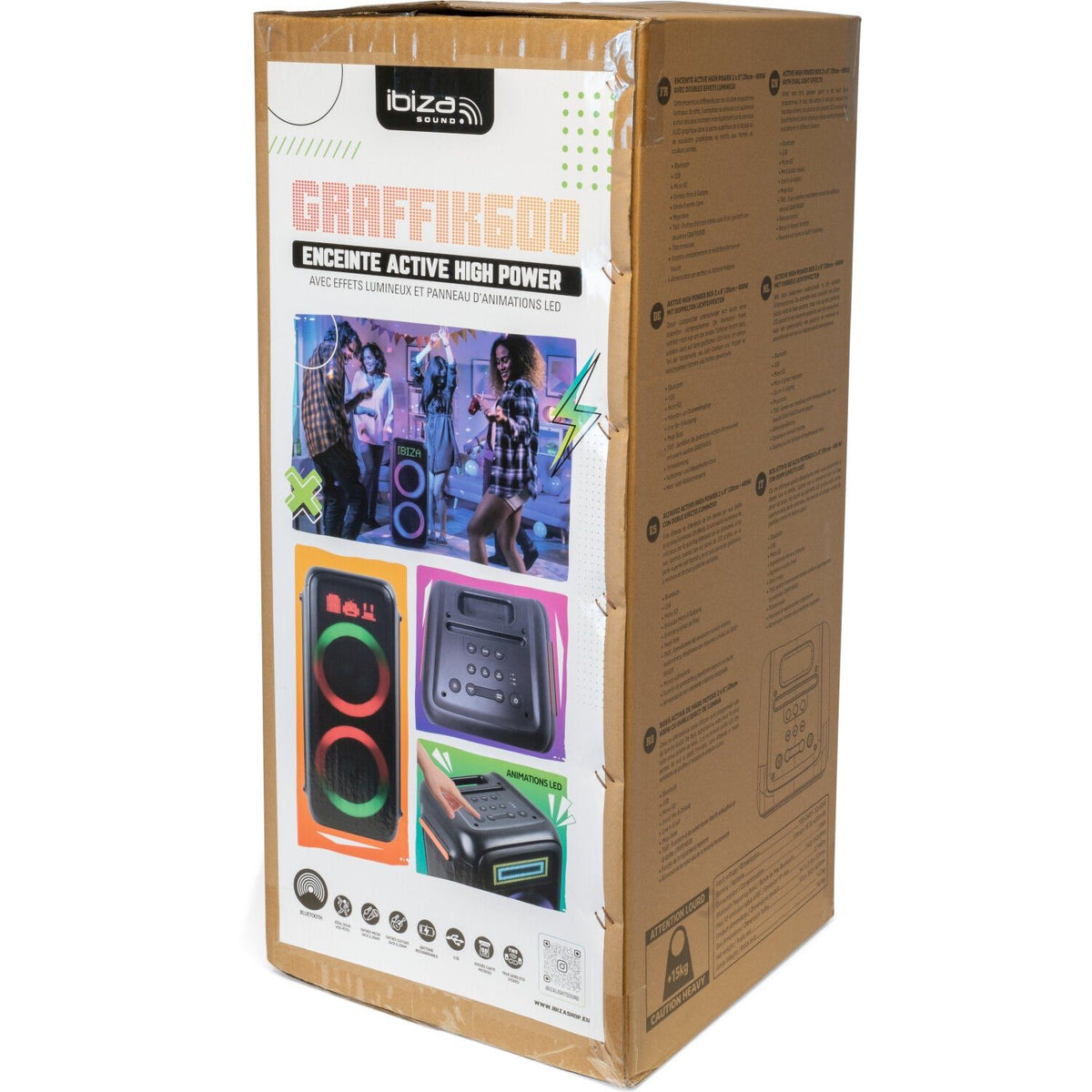 Ibiza Light & Sound GRAFFIK600 – Altavoz activo High Power 2×8″/20 cm – 600 W con doble efecto luminoso - Tempo Shop
