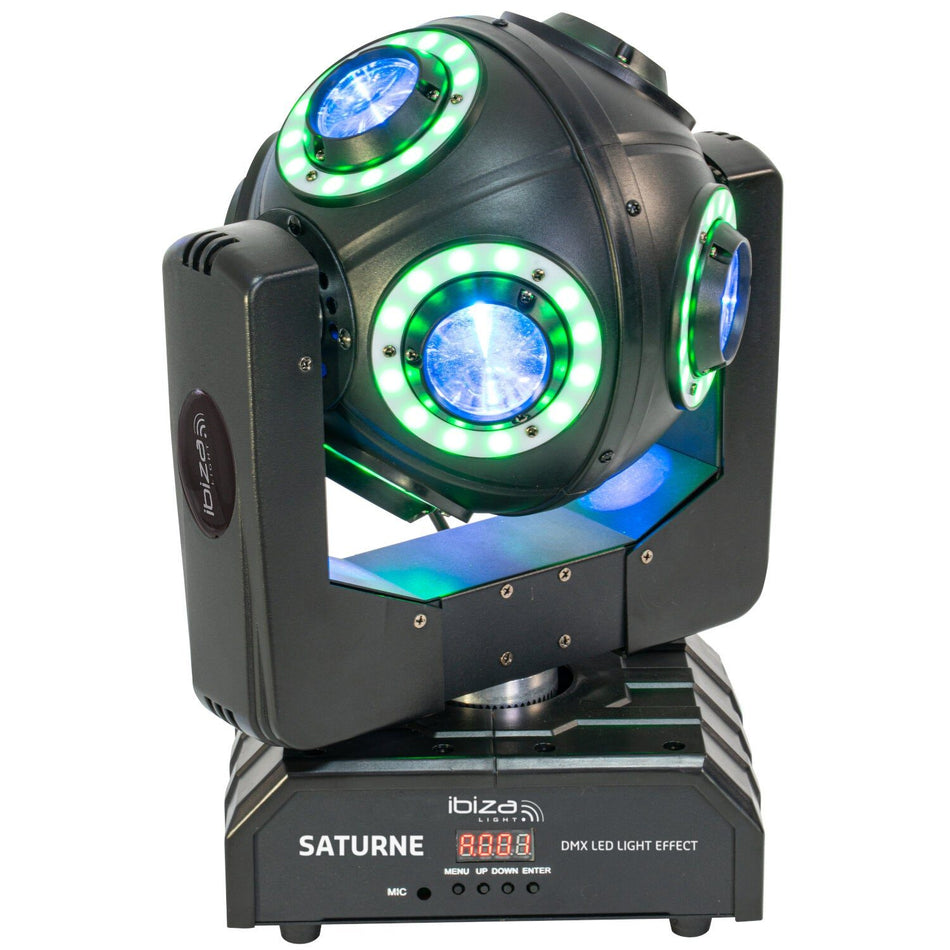 Ibiza Light & Sound SATURNE – Cabeza móvil DMX de 8 LED RGBW 4-en-1 con anillos luminosos - Tempo Shop
