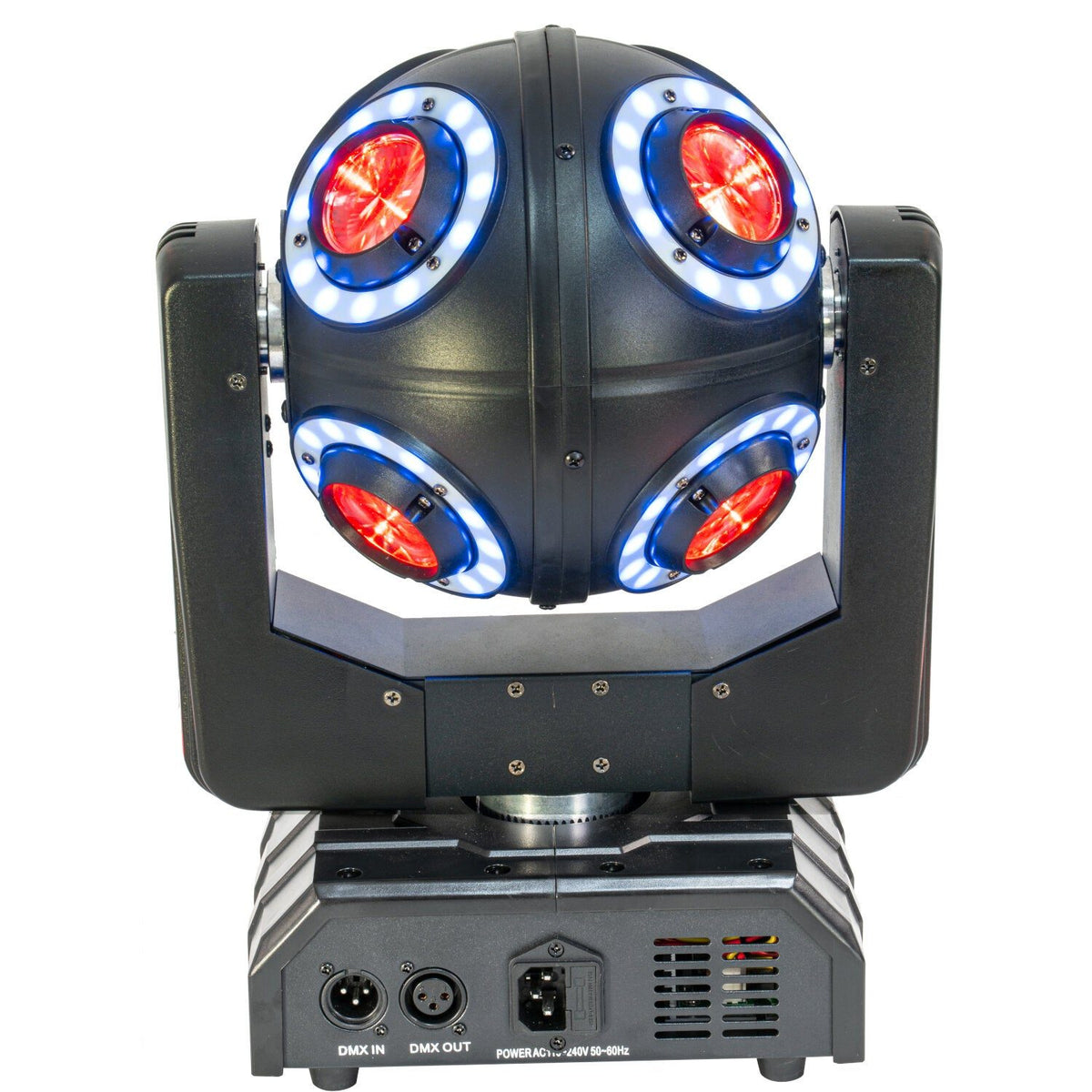 Ibiza Light & Sound SATURNE – Cabeza móvil DMX de 8 LED RGBW 4-en-1 con anillos luminosos - Tempo Shop