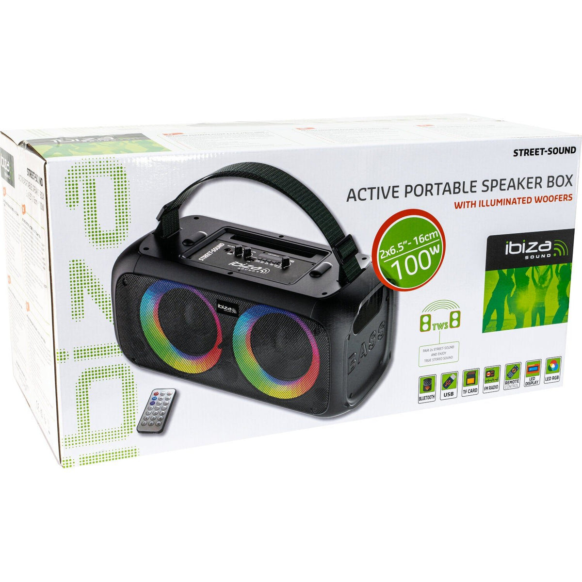 Ibiza Light & Sound STREET-SOUND – Altavoz portátil activo 2×6,5"/16 cm, 100 W con woofers iluminados - Tempo Shop