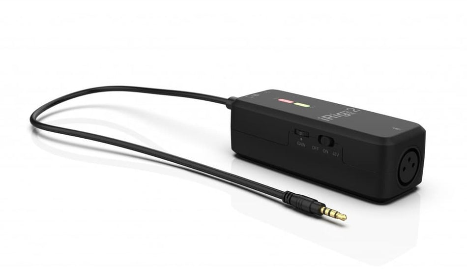 IK Multimedia iRig Pre 2 - Previo/interfaz XLR portátil con +48 V para iPhone/iPad, Android y cámaras (monitoreo directo)