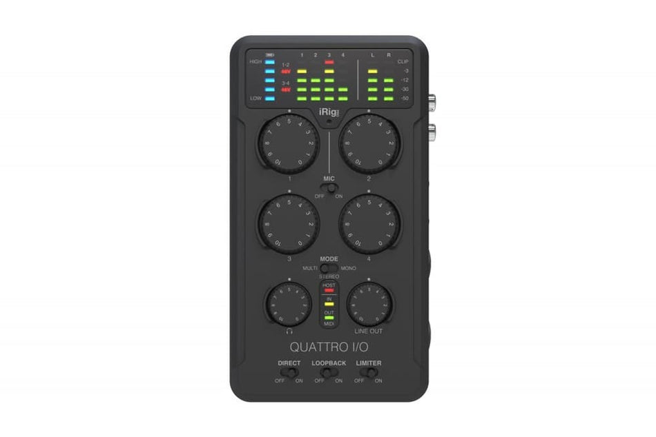 IK Multimedia iRig Pro Quattro I/O – Interfaz/mixer portátil 4 entradas / 2 salidas con micrófono integrado y modo grabadora de campo
