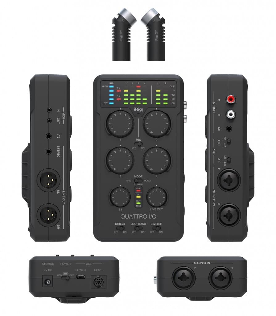 IK Multimedia iRig Pro Quattro Deluxe (IPIRIGQTRDLX-IN) - Interfaz/mixer 4×2 con micrófonos XY, funda y fuente de alimentación